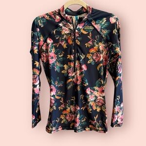 Allihop Floral Quarter Zip Athletic Top Long Sleeve Performance Activewear